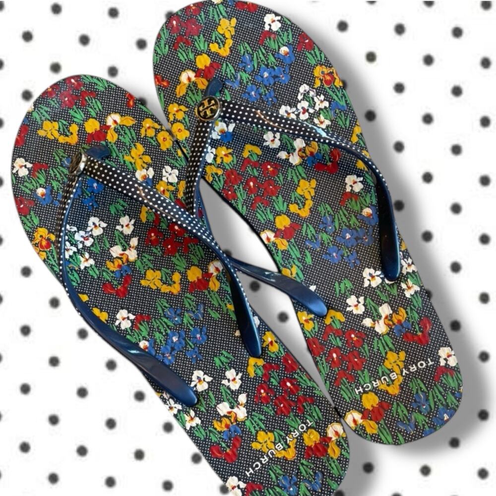 Women's XL Tory Burch Iris Floral and Checked Garden Print Flip Flop Sandal EUC